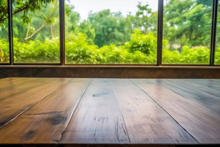 Wooden table top on blur nature background - can be used for display or montage your productsの素材