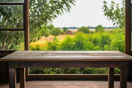 Empty wooden table and blurred view of nature background. For product displayの素材