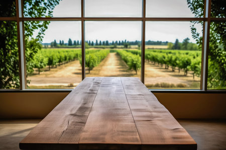 Empty wooden table in vineyard with vineyard view from the windowの素材