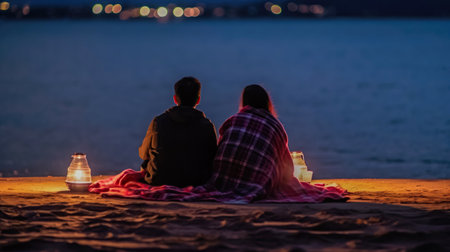 Young couple sitting on the beach and looking at the sea at nightの素材