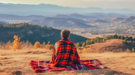 A man in a plaid sits on a hill and looks at the mountains.の素材
