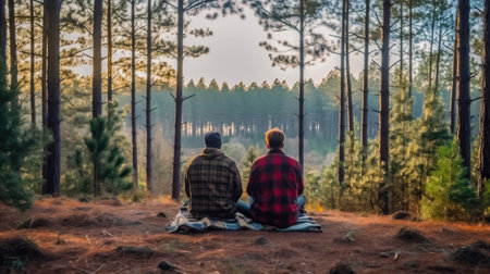 Young couple sitting on the ground in the pine forest at sunset.の素材