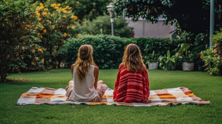 Back view of mother and daughter sitting on plaid blanket in gardenの素材