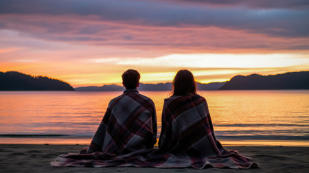 Couple in plaid sitting on beach and looking at beautiful sunsetの素材