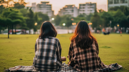 Two young women sitting on the grass in the park in the evening.の素材