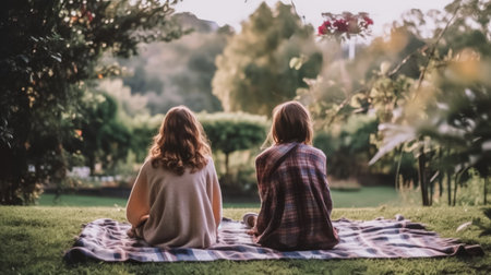 Back view of mother and daughter sitting on plaid blanket in parkの素材