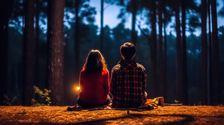 Young couple sitting on the ground in the pine forest at night.の素材