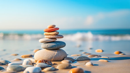 Stack of zen stones on the beach. Zen and harmony concept. Generative AIの素材