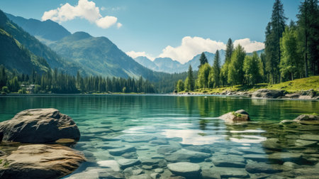 Idyllic alpine landscape with mountain lake, rocks and forest. Generative AIの素材