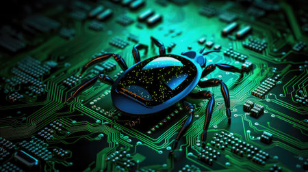Black spider on the green circuit board. Computer background. Generative AIの素材