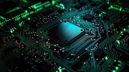 Close-up of electronic circuit board with microchips. Technology background. Generative AIの素材