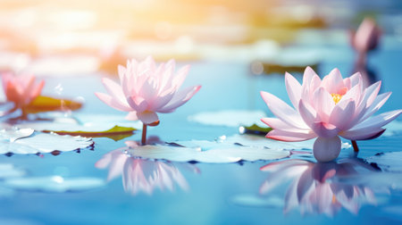 Lotus flower blooming in the pond with sunlight. Beautiful nature background. Generative AIの素材