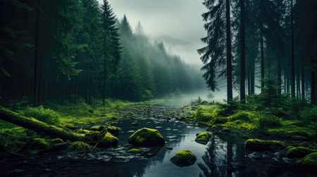 Dark forest with a river in the fog. Beautiful natural background. Generative AIの素材
