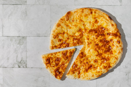 Khachapuri on a white marble background. Top view, flat layの写真素材