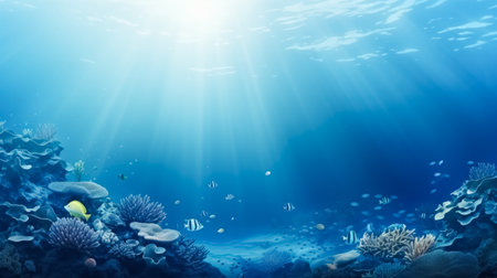 Underwater view of coral reef and tropical fish with sunbeams, background with empty space for textの素材