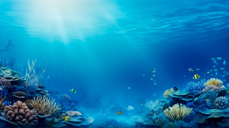 Underwater scene with coral reef and tropical fish. Underwater world background with empty space for textの素材