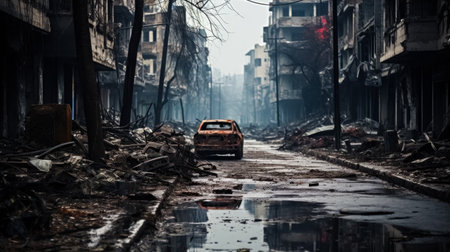 Destroyed streets in a bombed and ruined city during war, background with empty space for textの素材