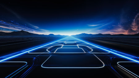Futuristic sci-fi corridor with glowing neon lights. Virtual reality background with empty space for textの素材