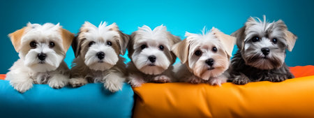 Group of miniature yorkshire terrier puppies isolated on blue background.の素材