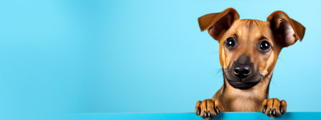 Funny dog on a blue background. copyspace. Banner.の素材