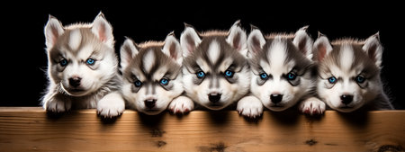 Group of siberian husky puppies with blue eyes, isolated on black backgroundの素材