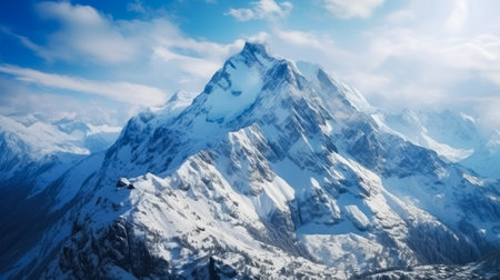 Winter mountains panorama with snow-capped peaks and blue skyの素材