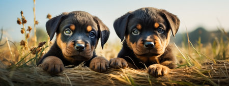 Two puppies of rottweiler lying in the grass at sunsetの素材