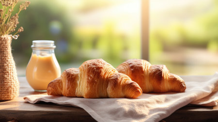 Freshly baked croissants on wooden table outdoors, closeup, background with copy spaceの素材