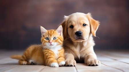 Golden retriever puppy and red kitten lying together on wooden floor, copy spaceの素材