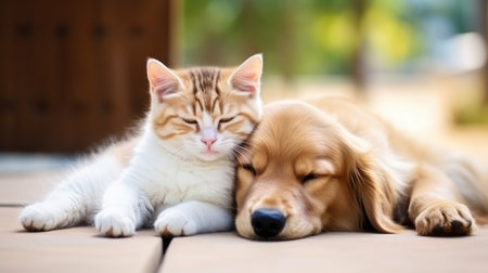 Cute cat and golden retriever puppy sleeping together on wooden floor, copy spaceの素材