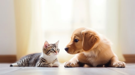 Cute puppy and tabby kitten together at home, copy spaceの素材
