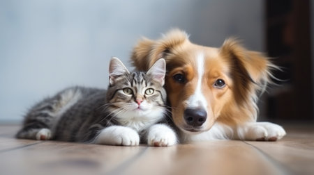 Cute dog and cat lying together on the floor at home, copy spaceの素材