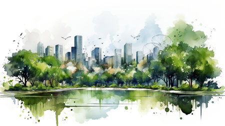 Cityscape with trees and lake. Watercolor paintingの素材