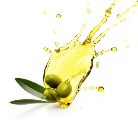 Olive oil splash with olives isolated on white backgroundの素材