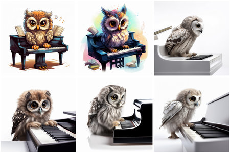 Owl playing the piano. Set of owls on a white background.の素材