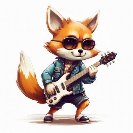 Cute fox with electric guitar isolated on white background. vector illustration.の素材
