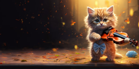 Cute kitten playing the violin and falling confetti. mixed mediaの素材