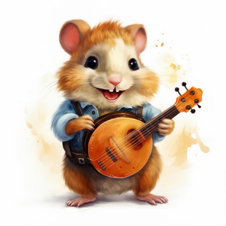 Funny hamster with a violin on a white background, illustrationの素材