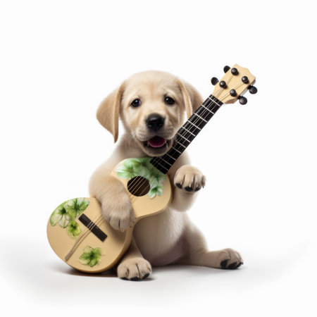 Labrador puppy with guitar on a white background. isolated.の素材