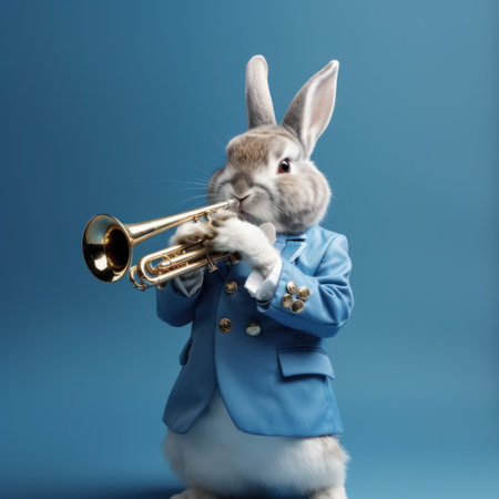 Cute little rabbit in blue suit playing the trumpet on blue backgroundの素材
