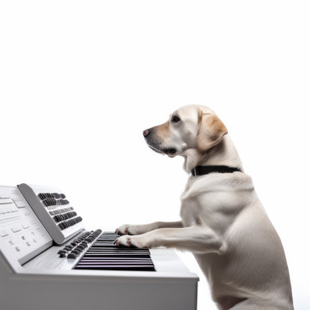 Labrador retriever playing the piano isolated on a white background.の素材