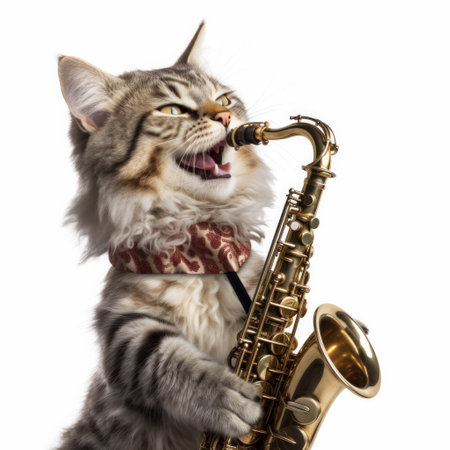 cat playing the saxophone. isolated on a white background.の素材