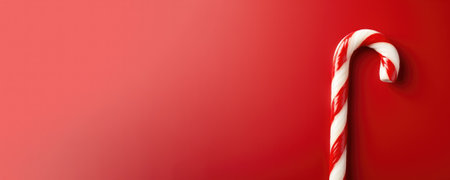 Christmas candy canes on red background with copy space. top viewの素材