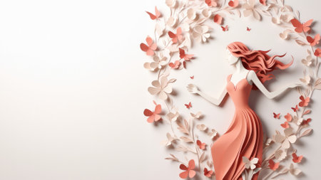 Beautiful woman in a dress made of paper flowers on a white background, woman's dayの素材