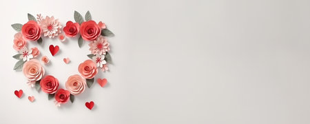 Creative layout made of flowers and hearts on white background. Flat lay, top view. Valentine's day concept.の素材