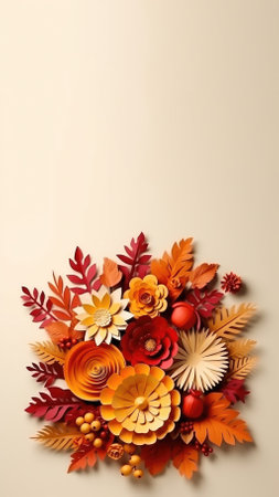 Autumn composition with colorful leaves and flowers on beige background.の素材