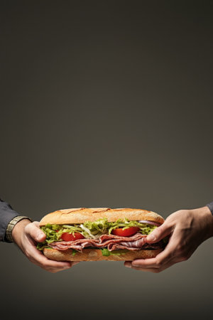 Hands holding delicious sandwich on dark background. Empty space for text, vertical bannerの素材