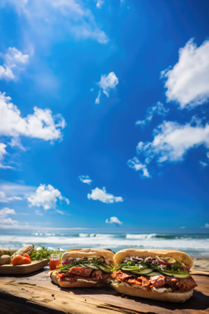 Sandwiches with salami and vegetables on a wooden table on the beach. Empty space for text, vertical bannerの素材