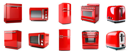 Red Modern Kitchen Equipment Set (dishwasher, microwave, refrigerator, stove, toaster) isolated on transparent backgroundの素材