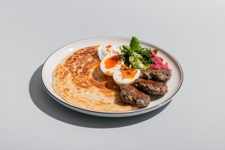 Plate of kebab with egg and salad on gray background